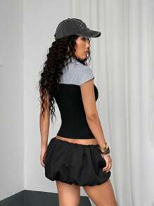 StreetHx 女士休闲条纹撞色腰短袖衬衫，适合春秋季节 - 黑與白 - 查看 2