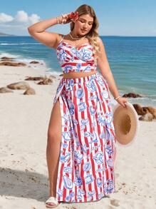 SHEIN VCAY Plus Size Holiday Island Romantic Casual Navy Red Ocean Shell Tie-Back Bow Cami Matching Long A-Line Slit Hem Skirt 2 Pieces Set, Spring/Summer, Sailor Style South Beach Outfits Coast Outfits Summer South Beach Outfits Easter Outfit Women Rave Outfits Country Concert Outfit Nashville Outfits Coachella Outfits Ibiza Outfits Vacation Two Pieces Set Tropical