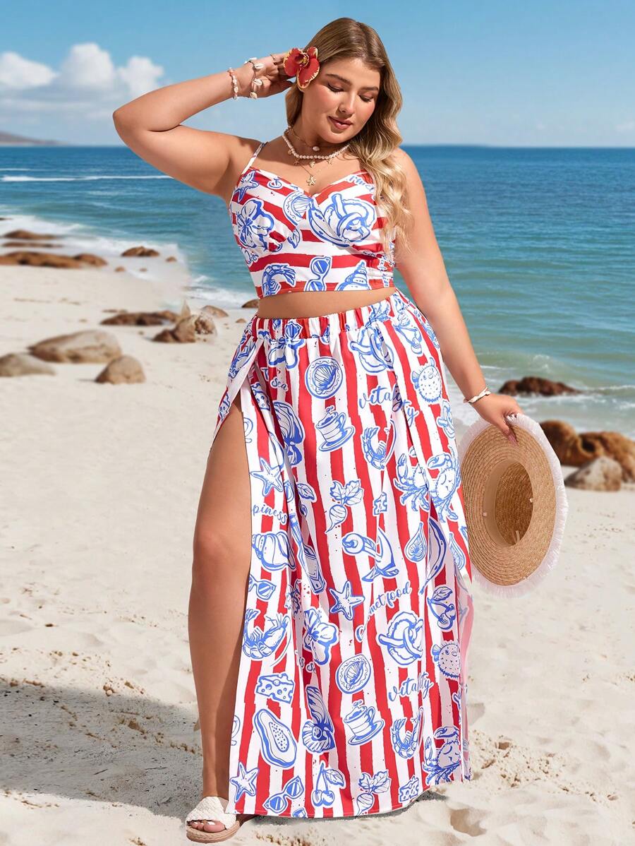 SHEIN VCAY Plus Size Holiday Island Romantic Casual Navy Red Ocean Shell Tie-Back Bow Cami Matching Long A-Line Slit Hem Skirt 2 Pieces Set, Spring/Summer, Sailor Style South Beach Outfits Coast Outfits Summer South Beach Outfits Easter Outfit Women Rave Outfits Country Concert Outfit Nashville Outfits Coachella Outfits Ibiza Outfits Vacation Two Pieces Set Tropical