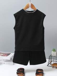 SHEIN Genkimix Kids Summer Cute Print Crew Neck Sleeveless Top And Shorts Set, Getaway, Holiday, Travel, Relax, Sunbathing