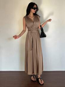 DAZY Đầm dài nữ cổ chữ V không tay, thắt eo, kiểu dáng thanh lịch mùa hè, trang phục công sở nữ, đầm maxi dự tiệc. - màu nâu - Xem 6