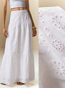 Poéselle 法式镂空钩花裙，白色长裙，弹力高腰长塔裙，波西米亚风女装，太阳裙，碎花裙，沙滩装，春假服装 - 白色 - 查看 1