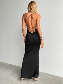 Aloruh 纯色吊带长款交叉肩带露背连衣裙夏季春装女装夏装优雅度假连衣裙女式黑色连衣裙图案女装春装舞会连衣裙复活节沙滩装夏装套装 Y2k 可爱休闲毕业礼服节日礼服碎花连衣裙舞会礼服狂欢节礼服节日俱乐部露背婚纱 - 黑色 - 查看 3