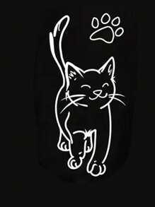 Pantalones capri informales con estampado de gato de dibujos animados y cordón en la cintura para mujer talla grande - Negro - Ver 3