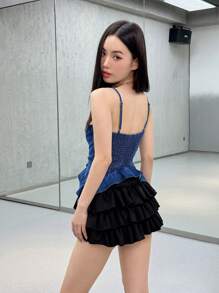 SHEIN EZwear 女士休闲牛仔吊带背心，夏季女士，短款长度，毕业，狂欢，狂欢上衣，韩流街头服饰，外出，老款风格女士，露背上衣，上衣，女士可爱上衣，春假，约会之夜女士，可爱夏季上衣 - 深色水洗藍 - 查看 2