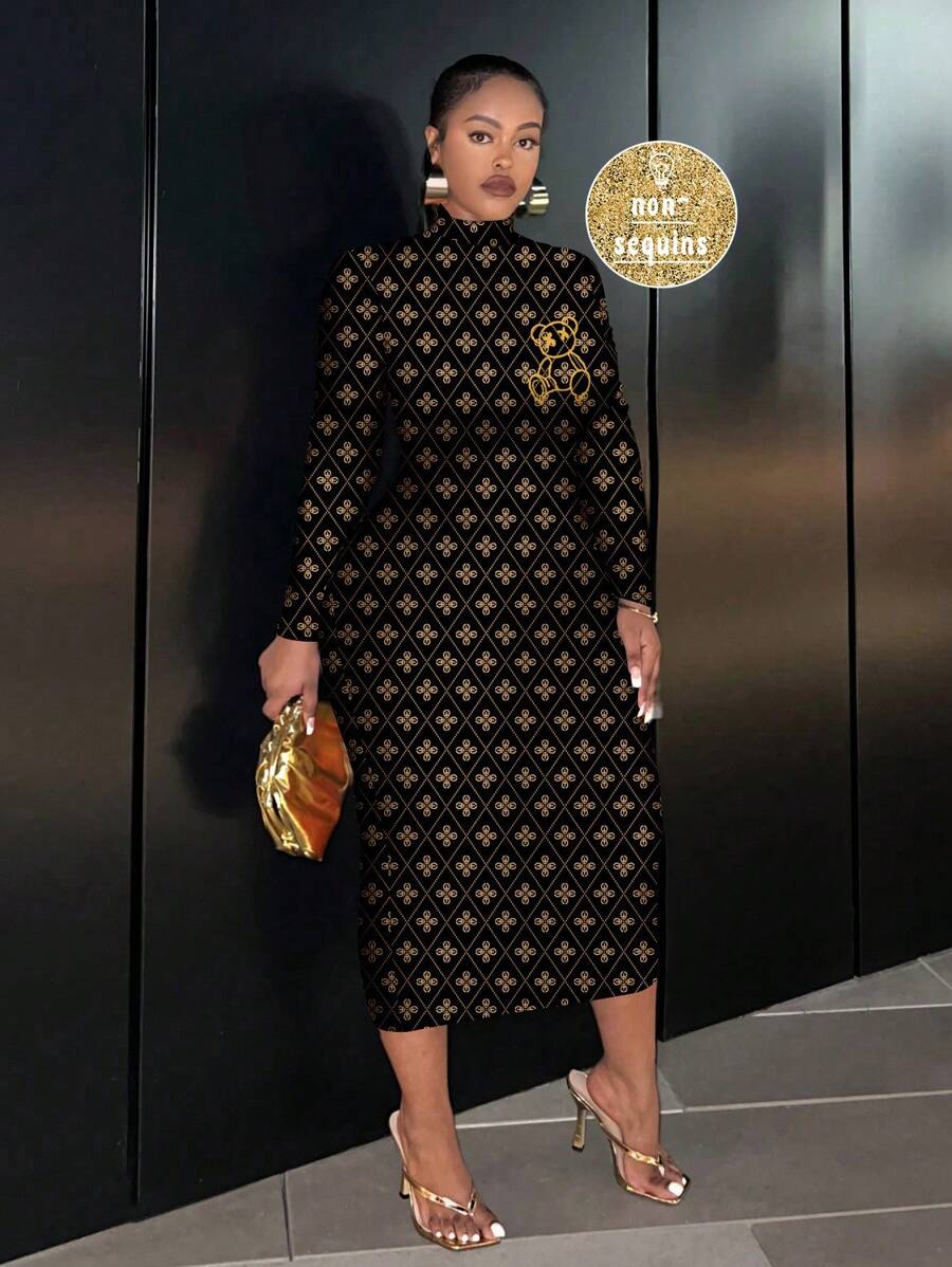 Slaydiva Casual Minimalist Plus Size Bear Pattern Long Sleeve Bodycon Dress, Suitable For Spring & Autumn And Winter Chic Dress, Spring Break - Multicolor - View 1