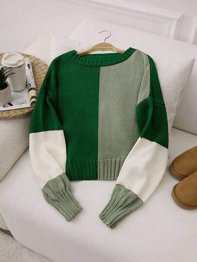 EURMUSE Women Colorblock Lantern Sleeve Round Neck Pullover,Jumper,Cream Jumper,Jumpers,Black Jumper,Womens Jumper,White Jumper,Women's Jumper,Women's Jumpers,Winter Clothes