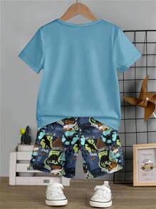 SHEIN 2pcs Young Boy Casual Simple Short Sleeve T-Shirt And Shorts Set, Suitable For Summer