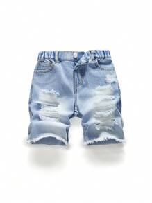 Pantalones cortos vaqueros ligeros azul claro lavados, versátiles y de moda minimalista, para niño casual con roturas - Lavado ligero - Ver 1