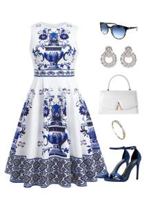 SHEIN Clasi Spring/Summer Plus Size Women Sleeveless Gathered Waist Flared Hem Dress With Pockets, Blue & White Floral Print, Elegant Daily Wear - Blue and White - View 1