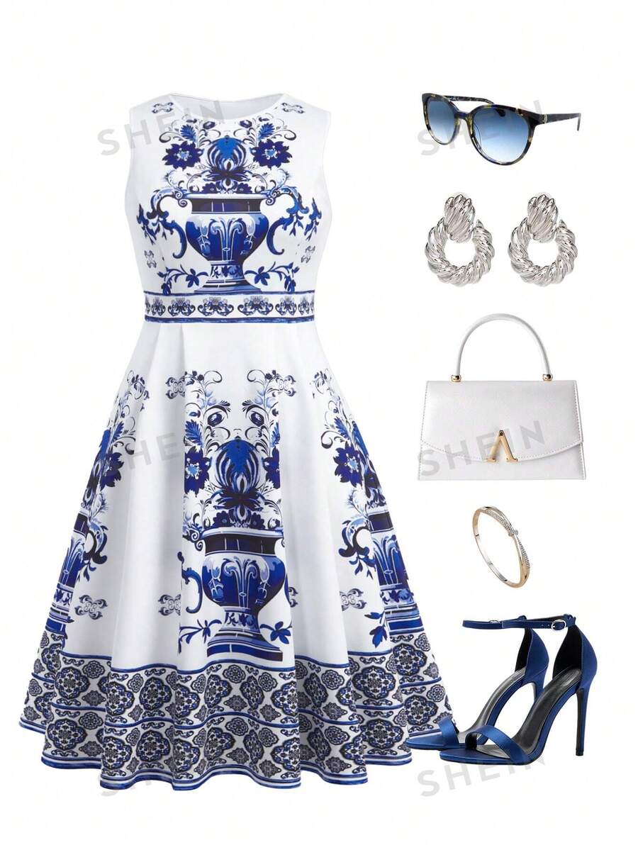 SHEIN Clasi Spring/Summer Plus Size Women Sleeveless Gathered Waist Flared Hem Dress With Pockets, Blue & White Floral Print, Elegant Daily Wear - Blue and White - View 1