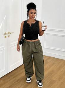 SHEIN EZwear Plus Size Vintage Washed Casual Everyday Button Neck Fitted Camisole Tank Top, Spring/Summer - Black - View 5