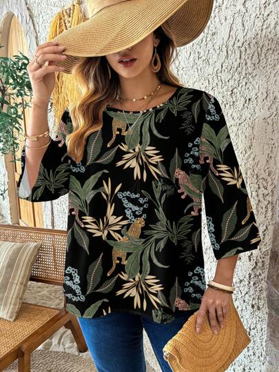 Glamance Joyce Ellen Women Plus Size Blouse Three Quarter Length Sleeve Round Neck Boho , Tropical, All Over Print, Plants Summer For Women Summer Top Going Out