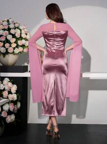 Modelyn Solid Color V-Neck Rhinestone Embellished Cape Sleeve Split High Waist Dress Fall Cloth For Women - Pink - View 2