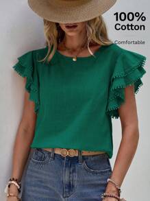 SHEIN LUNE Chất rắn Ren tương phản áo tay bướm Áo sơ mi - Màu xanh lá cây đậm - Xem 1