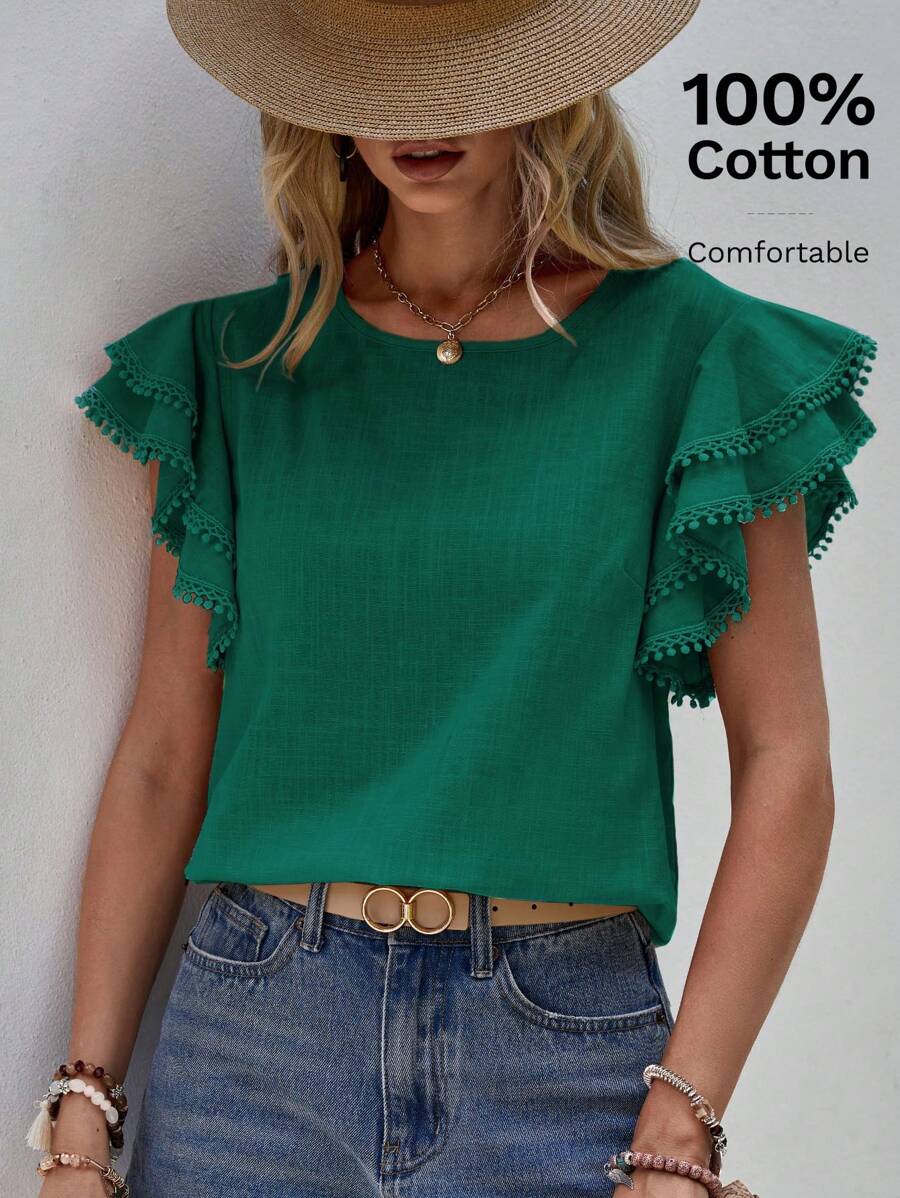 SHEIN LUNE Chất rắn Ren tương phản áo tay bướm Áo sơ mi - Màu xanh lá cây đậm - Xem 1