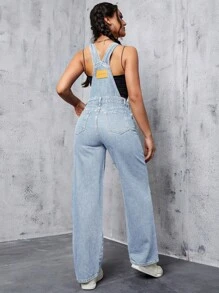 SHEIN ICON 女士宽松阔腿口袋连体裤，休闲百搭 - 藍白色 - 查看 2