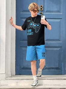 SHEIN 青少年男孩休閒視頻遊戲英文字母印花t恤和短褲套裝,夏季 - 彩色 - 查看 4