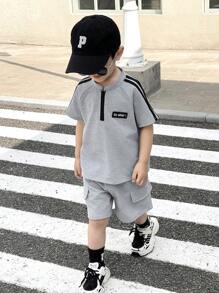 SHEIN 2 pezzi/set Completo ricamato casual e comodo per bambini con maglietta a maniche corte e pantaloncini, in colori a contrasto, ideale per scuola, giardino, spiaggia, compleanni, primavera, estate, autunno, inverno