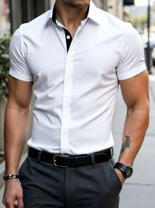 Áo sơ mi nam tay ngắn cài khuy đơn màu tương phản thường ngày Manfinity Mode dành cho nam, ngày lễ tình nhân nam, quà tặng bạn trai, ngày lễ tình nhân nam, quà tặng bạn trai, áo sơ mi tay ngắn, áo sơ mi nam cài nút, áo sơ mi nam màu trắng - trắng - Xem 4