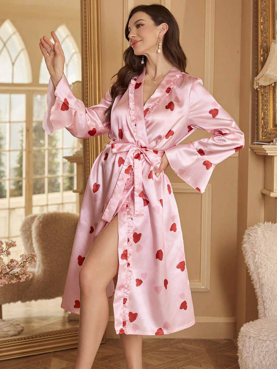 Women's Heart Print V-Neck Flared Sleeve Robe With Belt - Multicolor - View 1