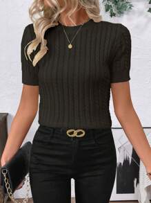 SHEIN LUNE 时尚博主同款麻花绳设计休闲针织圆领毛衣欧美新款 - 黑色 - 查看 6