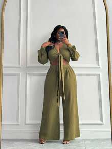 Slaydiva 优雅度假日常胸前打结衬衫领长袖阔腿连体裤大码女装 - B