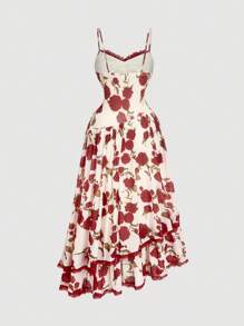 SHEIN MOD Vestido de talla grande con estampado floral de rosa, de estilo palaciego vintage, con tirantes de espagueti, cintura de encaje y volantes en el bajo