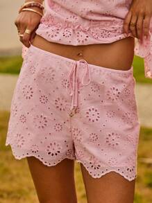 Aralina Vacation Broderie Anglaise Peplum Drawstring Waist Summer Two Pieces Set - Pink - View 7