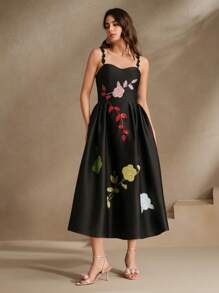 Anewsta 亮片花朵装饰无袖连衣裙，优雅新都市风格太阳裙，女士春夏装