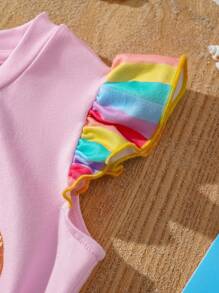CoComelon X SHEIN 2pcs/Set Baby Girl Rainbow Cloud & Friends Pattern Cap Sleeve Top And Rainbow Striped Leggings Summer Outfit - Multicolor - View 7