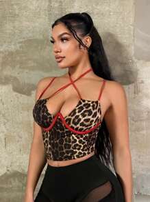 SHEIN SXY Leopard Print Spaghetti Strap Backless Crop Top,Tube Top,Cheetah Print,Y2k,Club Outfits Women Sexy,Going Out Outfits,Date Night Outfits Women,Gyaru,Streetwear Women