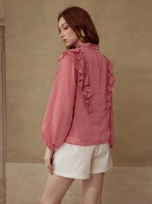 PREMIUM CONTRAST LACE RUFFLE TRIM BLOUSE - Red - View 4