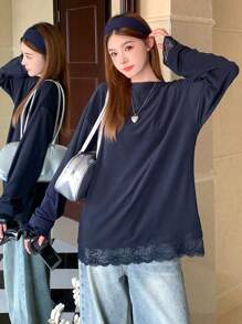 DAZY Women's Casual Loose Lace Patchwork Drop Shoulder Round Neck Long Sleeve T-Shirt,Fall Clothes