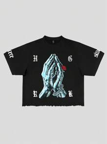 ROMWE MEN Street Life Men's Street Heavy Weight Boxy Fit Distressed Print T-Shirt - Black - View 1