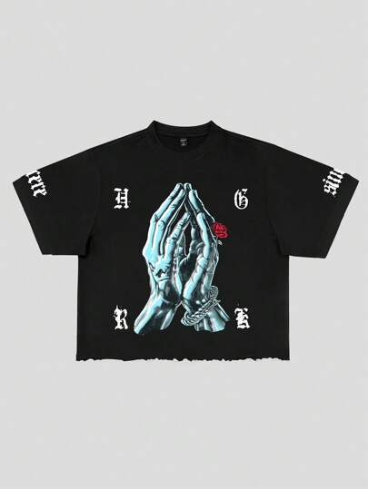 Goth Camiseta de peso pesado con estampado desgastado y corte holgado para hombre