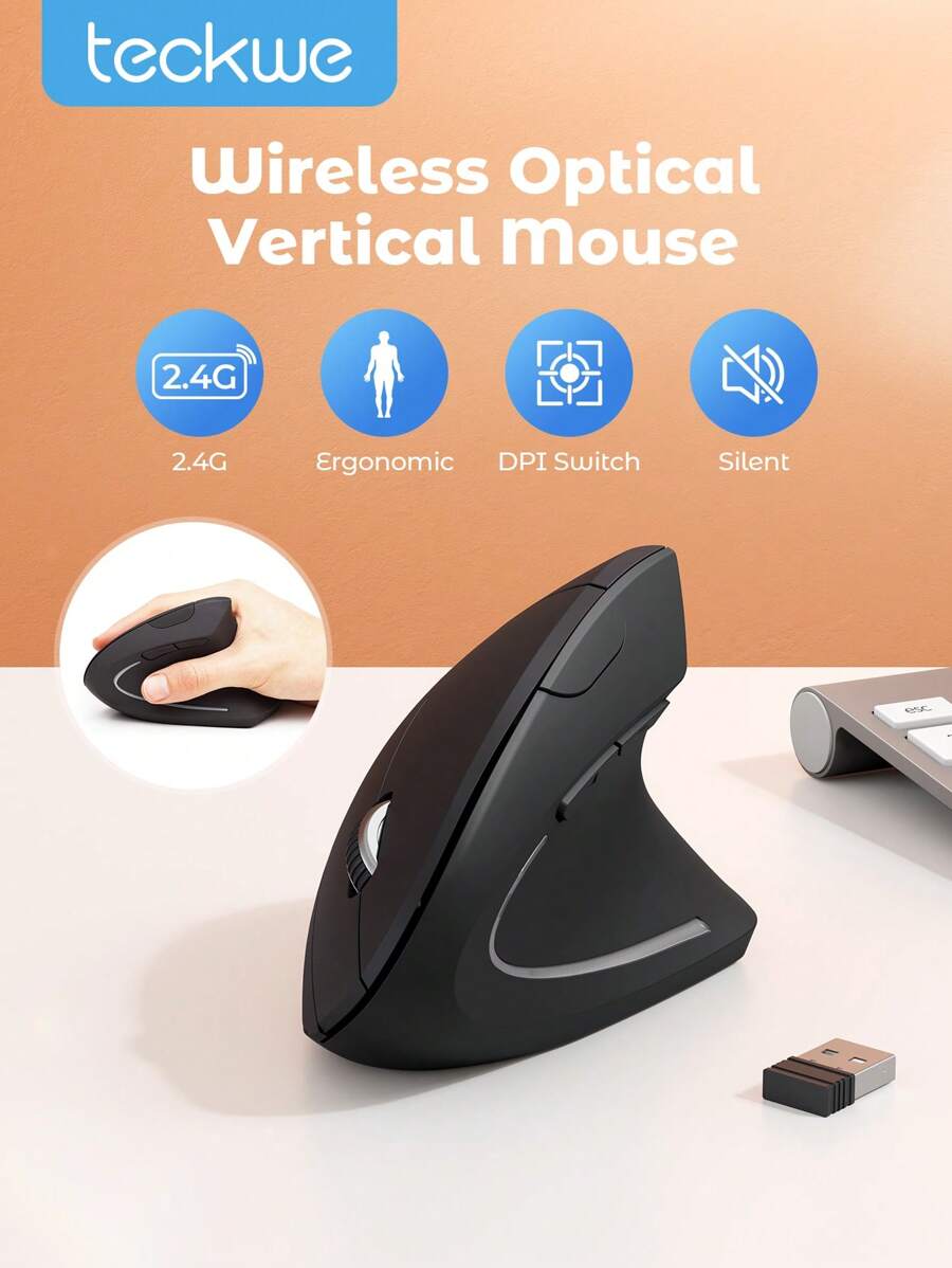 Teckwe 2.4G Wireless Vertical Ergonomic Optical Mouse, 800 / 1200 /1600 DPI, 6 Buttons, Quiet Clicks