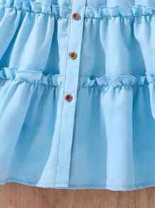 SHEIN Tween Girl Solid Color Front Button Ruffle Hem Mid-Calf Dress With Woven Belt,Holiday,Summer,Travel - Blue - View 5