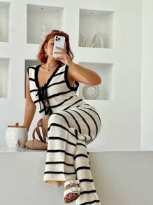 SHEIN Frenchy 2pcs Plus Size Women Set: Sleeveless V-Neck Tied Striped Top + Pants - Black and White - View 5