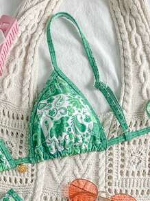 Swim Mod Spring Break Women Summer Random Printed Spaghetti Strap High-Cut Bikini 2 Pieces Suit - Green - View 3