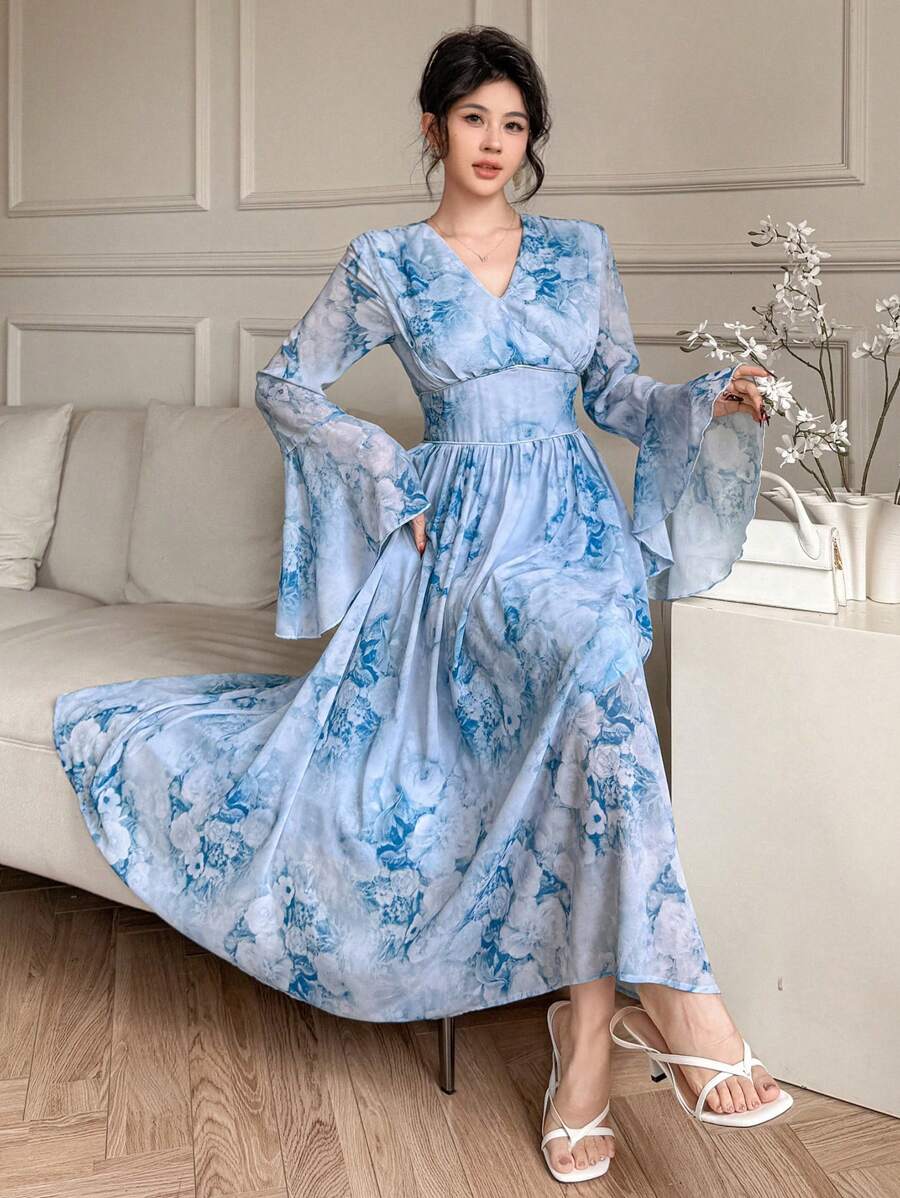 DAZY Spring Floral V-Neck Ruffle Hem Mid-Length Dress For Women,Fall Dress Long Sleeve Dress Easter - Blue - View 1