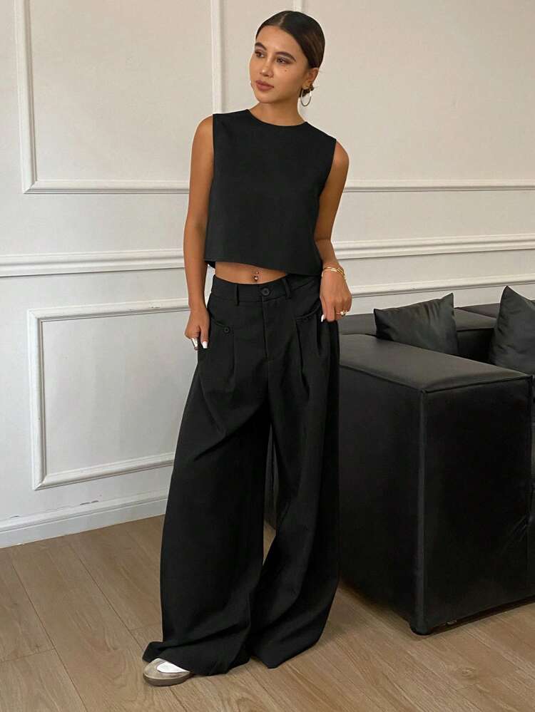 2pcs/Set Women Solid Color Round Neck Backless Cropped Tank Top And Wide Leg Pants, Elegant Summer Outfit Lounge Sets For Women