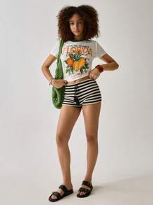 Easelle 黑白条纹针织紧身短裤，简约时尚，适合夏天