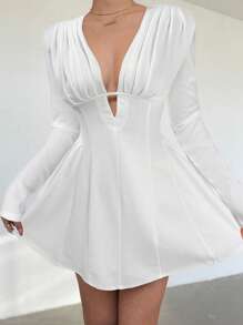 Aloruh Women's Elegant Sexy Solid Color Pleated Deep V-Neck Mini Dress - White - View 5