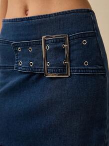 Poéselle Poeselle Jeans Skirt,Mini Skirt,Denim Skirt,Belt Buckle Decoration,Music Festival Costume,Women Skirts,Summer Women Outfit,Women's Low Waist Metal Buckle Decor Denim Mini Skirt,Suitable For Daily, Street, Holiday, Commuting And Other Occasions To Wear