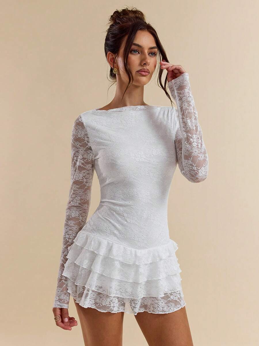 SHEIN BAE 勃艮第纯色优雅女士长袖花卉蕾丝边迷你连衣裙，适合约会之夜、俱乐部、生日派对、情人节 - 白色 - 查看 1