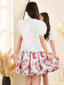 SHEIN Leap Crew 青少年女孩优雅领口荷叶边和水钻装饰衬衫上衣和裙子 2 件套 - 白色 - 查看 2