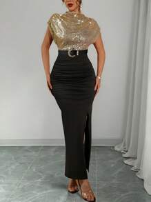 Rafferiza 女士优雅撞色无袖领口亮片连衣裙，适合派对、约会、聚会、宴会 - 黑色和金色 - 查看 5