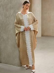 SHEIN Clasi Vestido maxi para Ramadán con mangas acampanadas, encaje decorativo y estampado de lámina dorada, cómodo y suelto, para mujer de talla grande