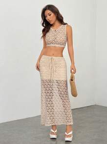 SHEIN PETITE Women's Holiday Knitted Imitation Crochet Vest Slit Skirt Suit, Music Festival, Music Festival Wear, Bohemian - Khaki - View 3